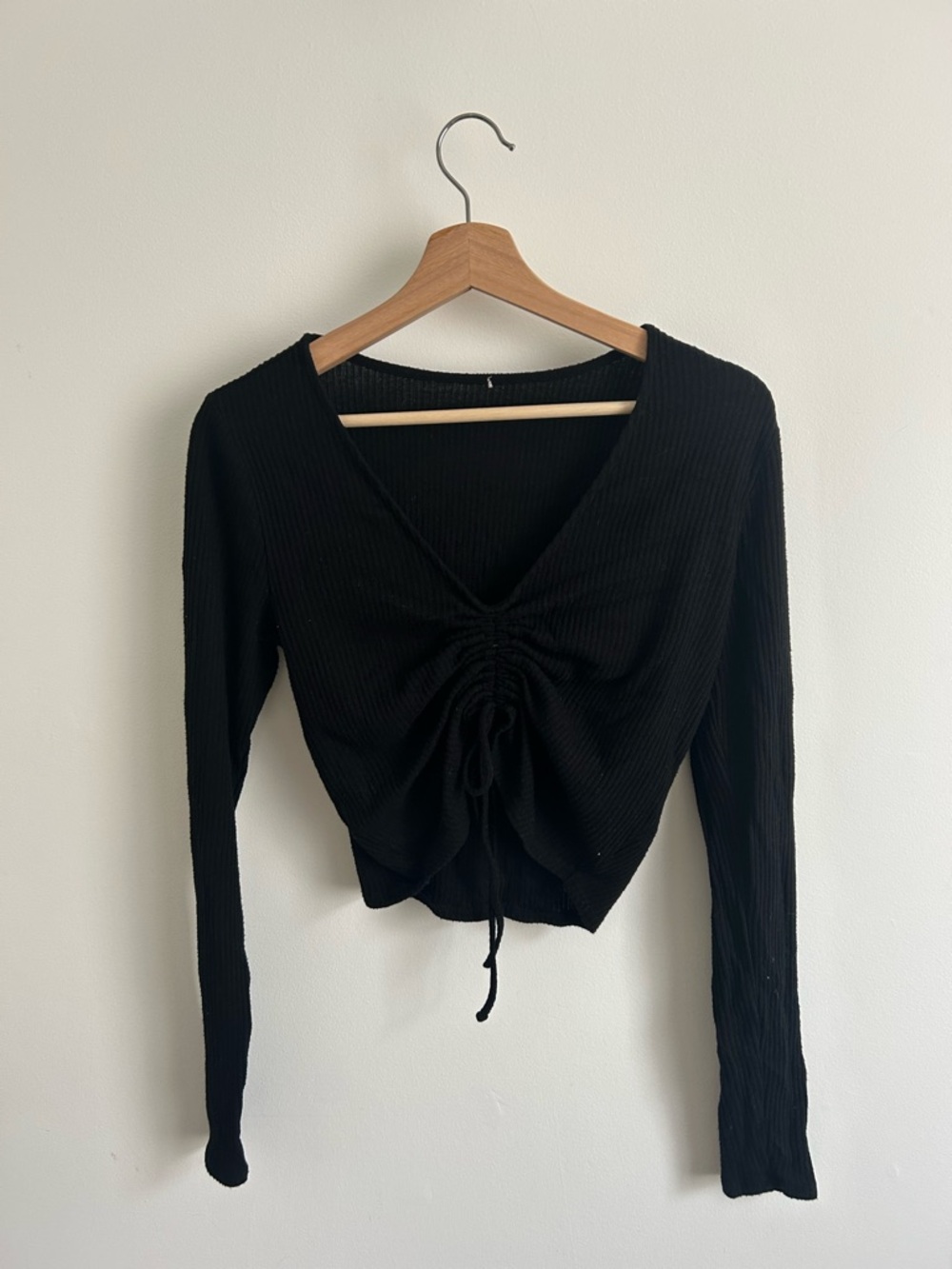 Garage Black Ruched V-Neck Long Sleeve Top